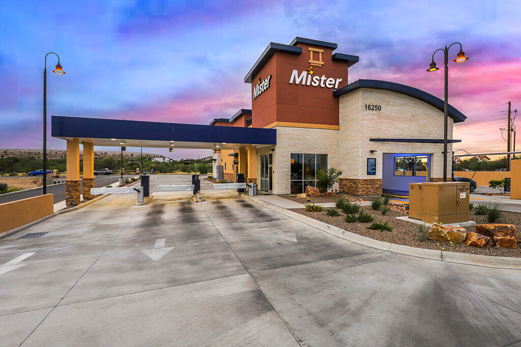 Commercial car wash exterior with tunnel.