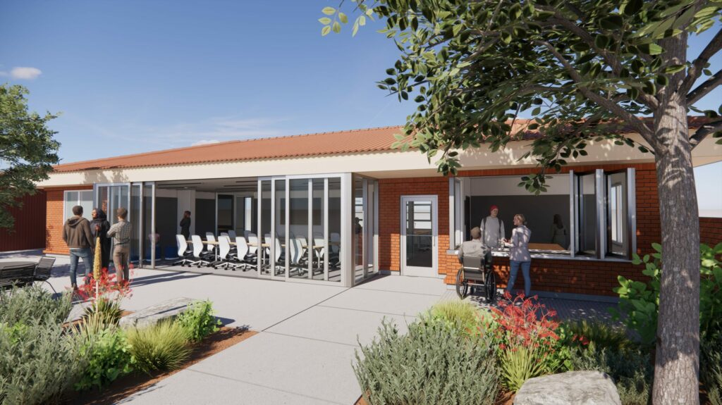 Rendering of exterior office spaces with large glass window
