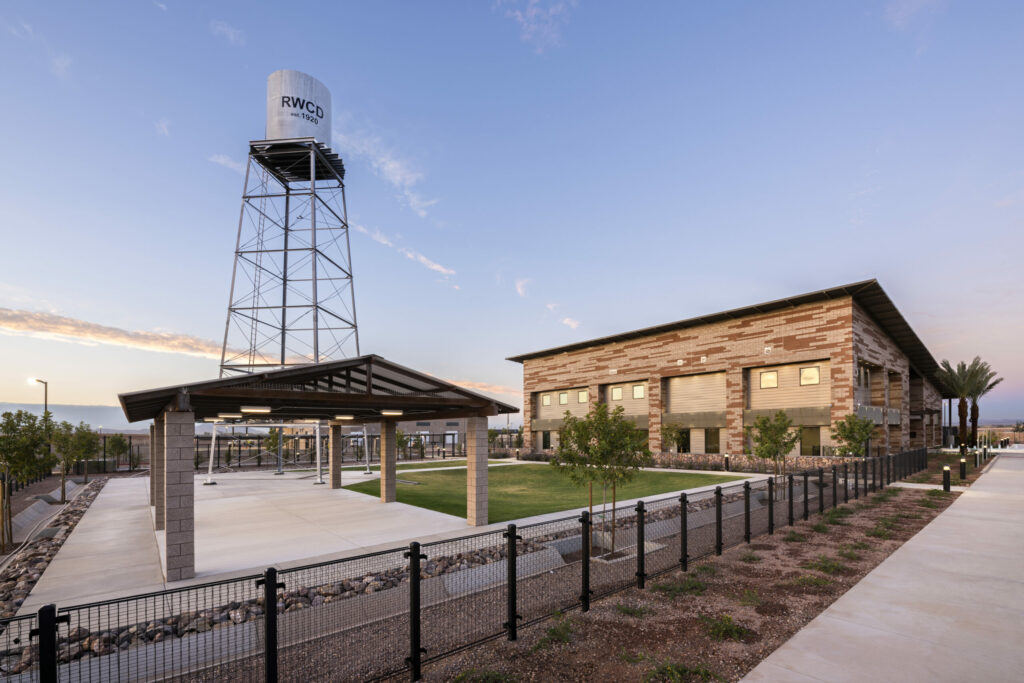 exterior photo of the building and the side that includes a water tower and a ramada