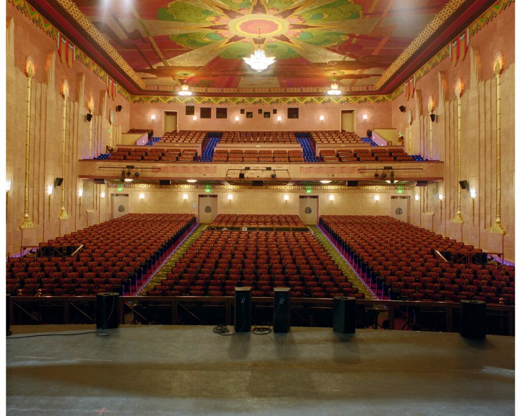 Interior of the Fox Theatre inside. The image is taken from the stage looking out to all of the seats.