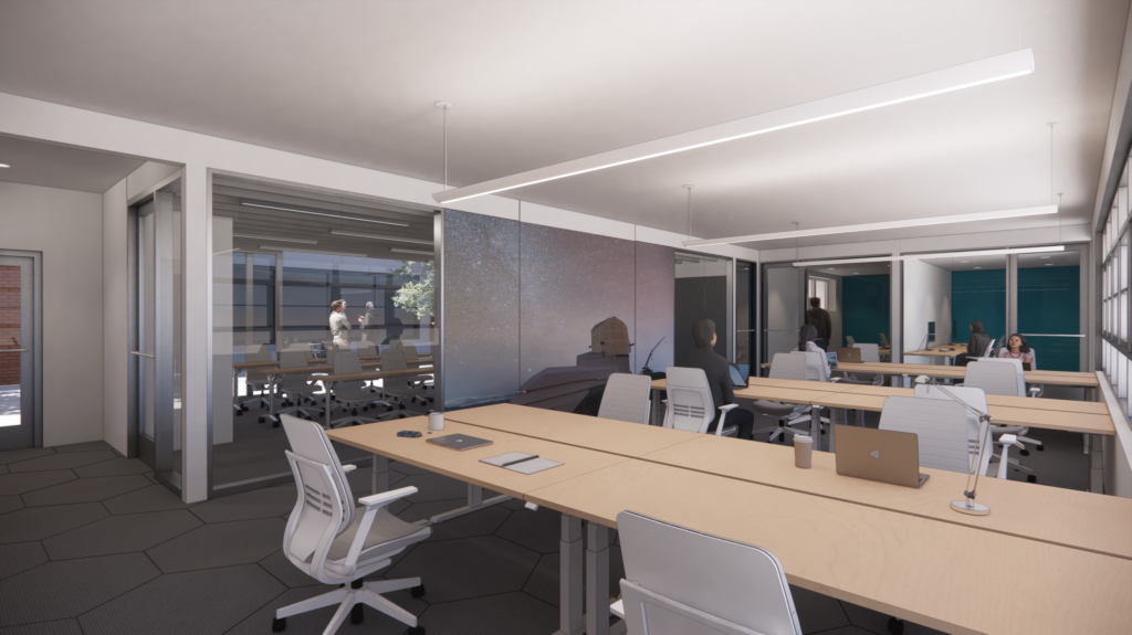 Rendering of the interior of an open office space with tables and chairs.