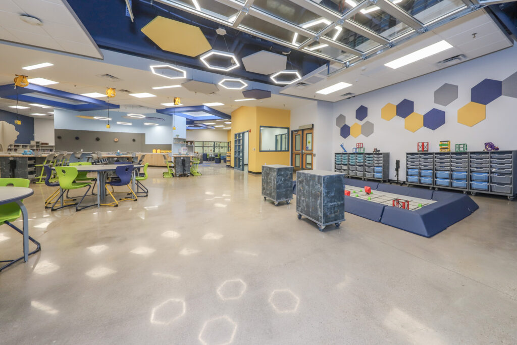 media center at Hull Elementary including desks and robotics play area