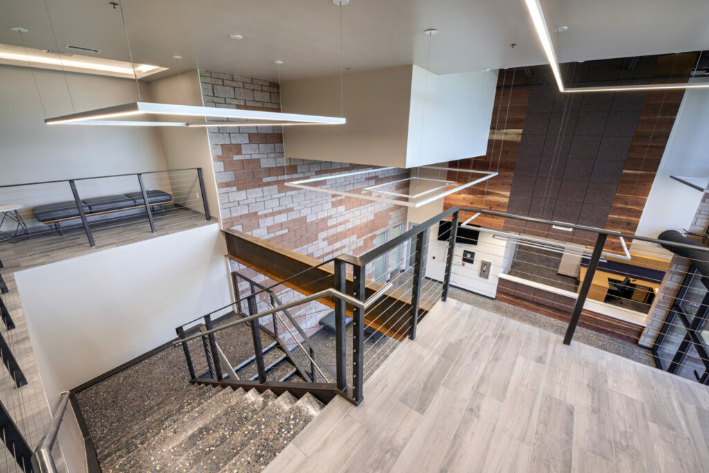 Interior shot with an upstairs point of view of the lobby