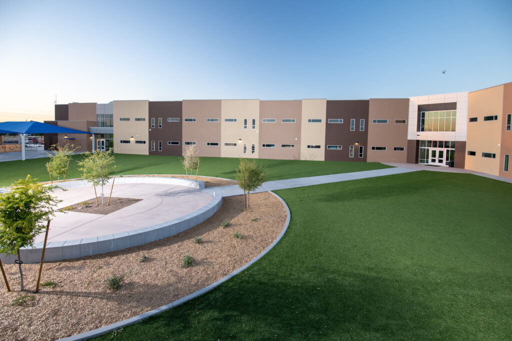 exterior view of school and groundskeeping