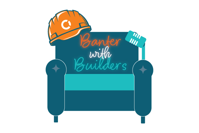 Banter with Builders podcast logo of a couch with a hard hat and microphone